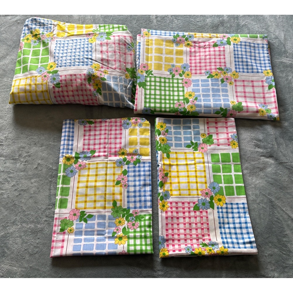 Vintage Cannon 70s Daisy TWIN SIZE Sheet Set Gingham‎ Square Monticello Muslin
